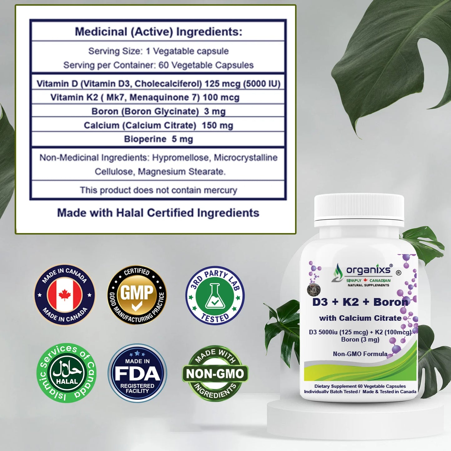 Vitamin D3 5000 IU + K2 (MK7) + Boron with Calcium