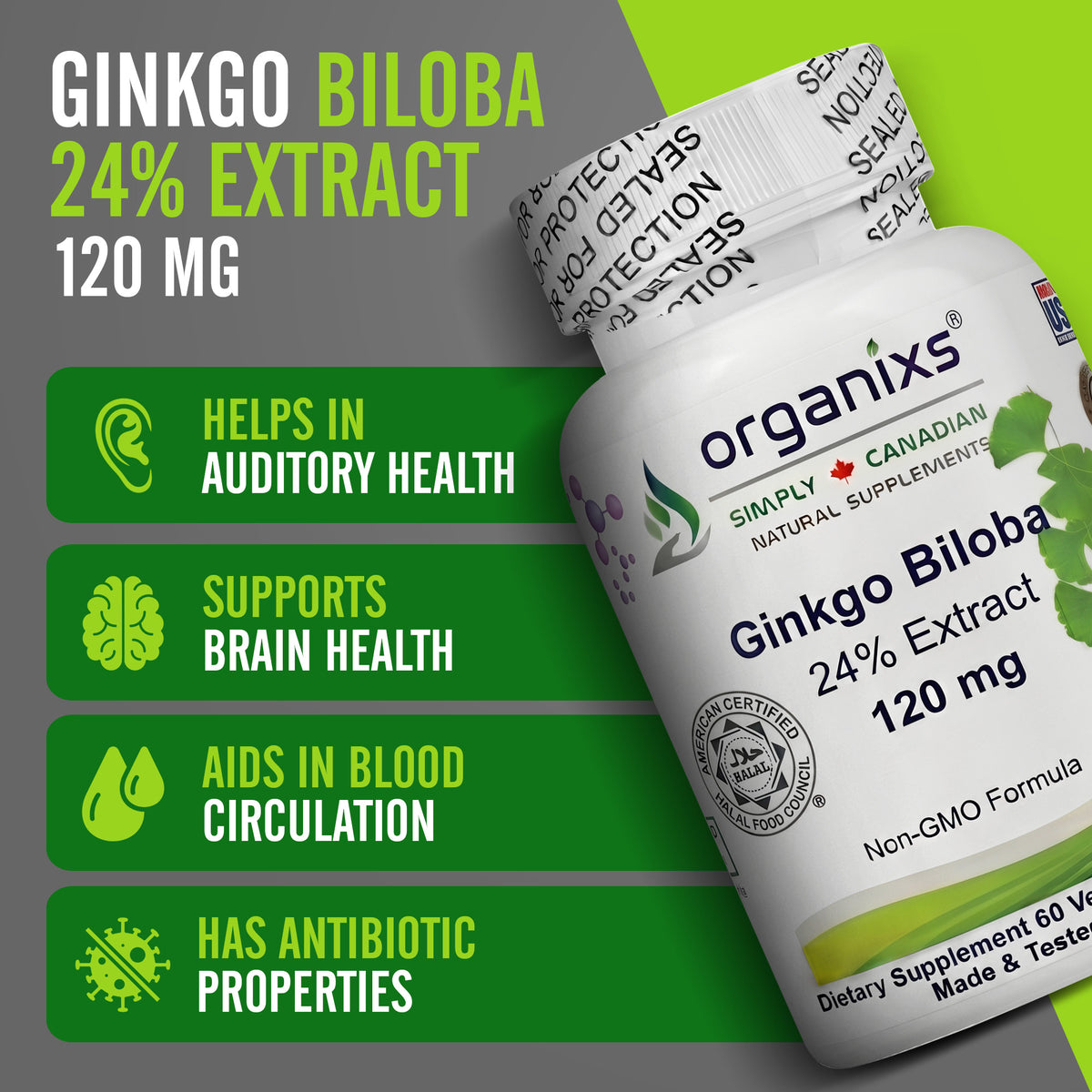 Organixs Ginkgo Biloba Supplement 120mg