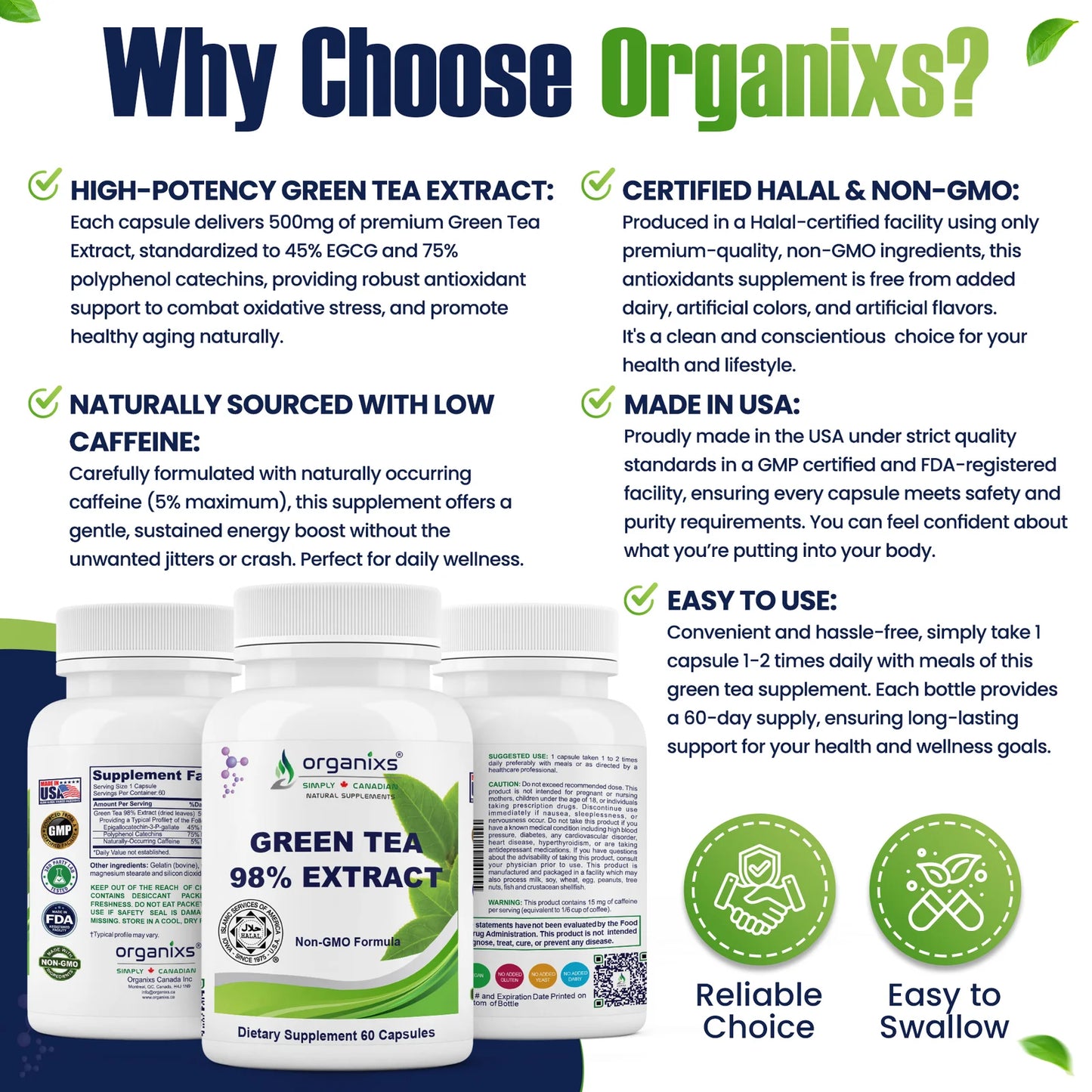 Organixs Green Tea Extract – Supplements For Men & Women, Halal Certified [60 Capsules]
