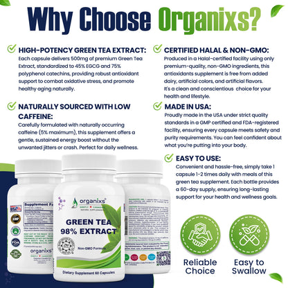 Organixs Green Tea Extract – Supplements For Men & Women, Halal Certified [60 Capsules]