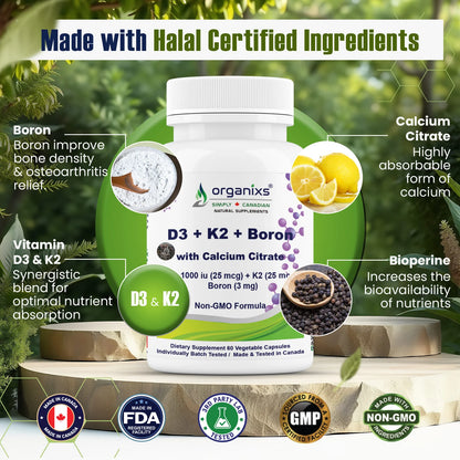 Organixs Vitamin D3 K2  1000 iu + Boron  with Calcium Citrate