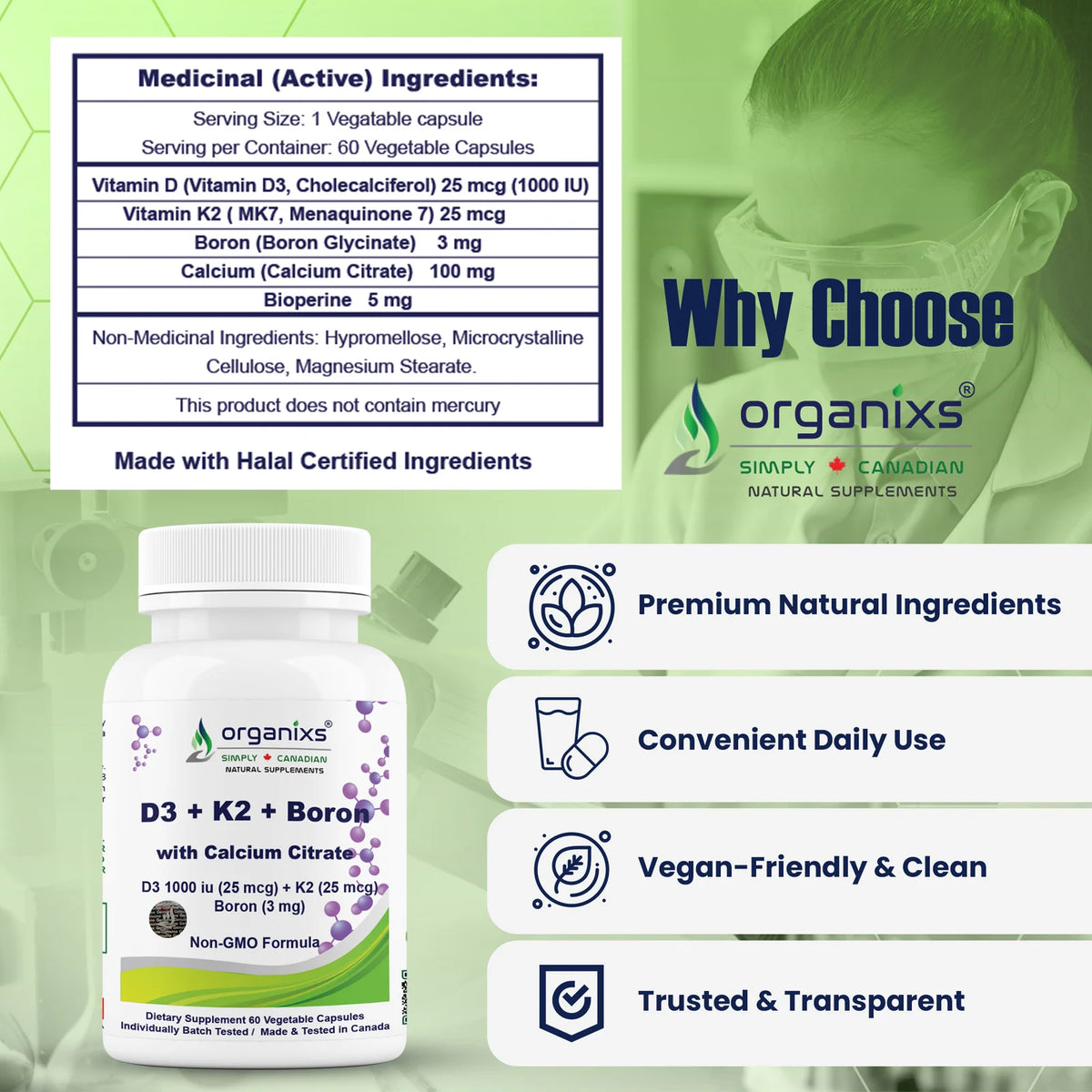 Organixs Vitamin D3 K2  1000 iu + Boron  with Calcium Citrate
